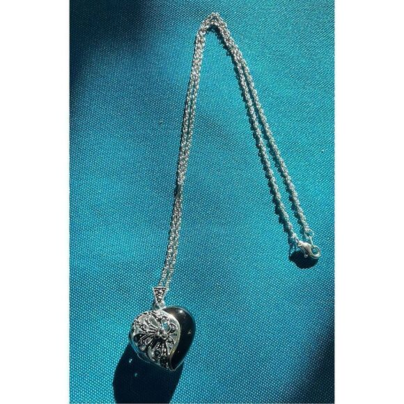 Marcasite Sterling Heart Locket Necklace - Picture 12 of 15